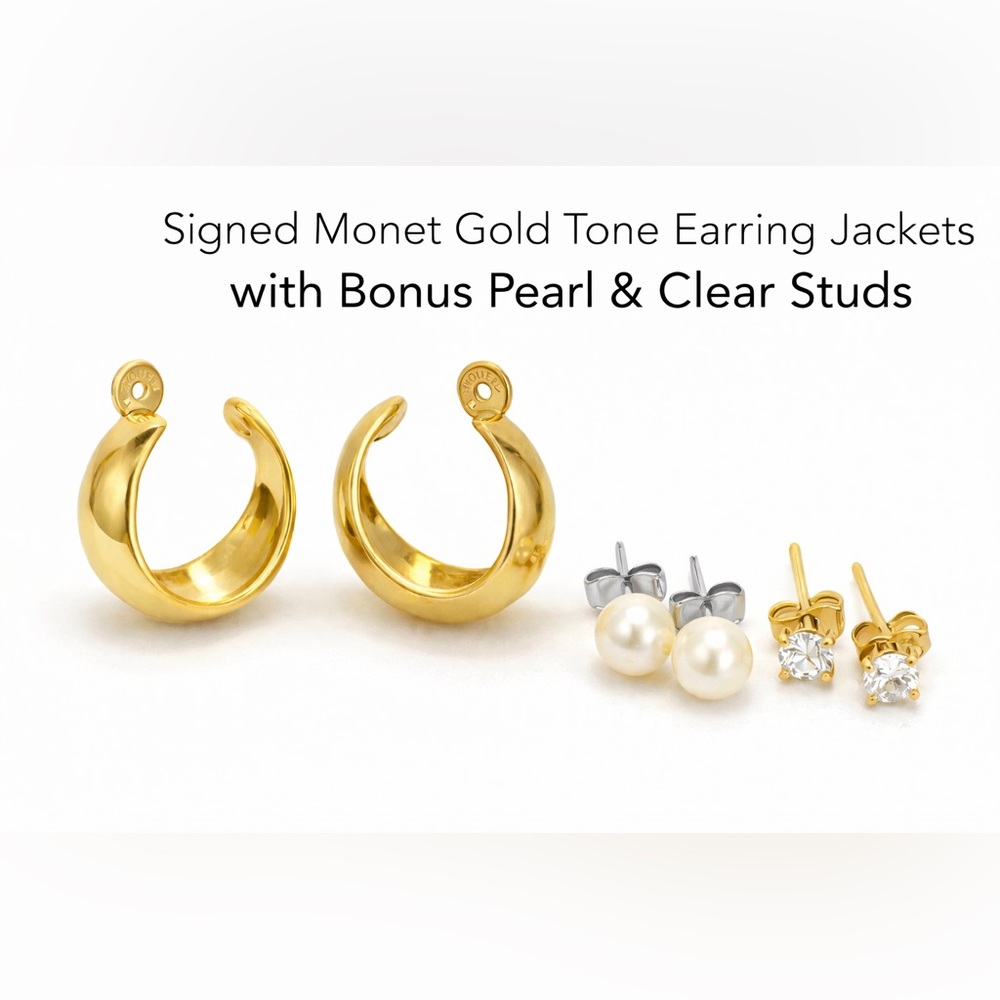 Signed Monet Gold Tone Earring Jackets + Pearl &  Stud Set 3-in-1